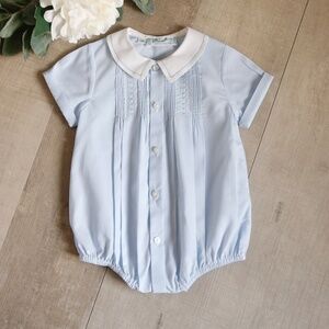 NEW Feltman Brothers Blue Open Front Creeper Heirloom Romper PinTucks Embroidery